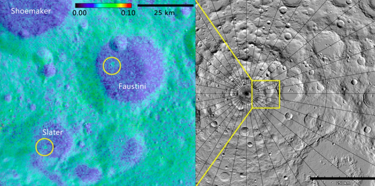 Two geologically young craters - one (right) 16 million, the other (left) between 75 and 420 million, years old in the Moon's darkest regions. Credit: Albedo map credit: NASA 