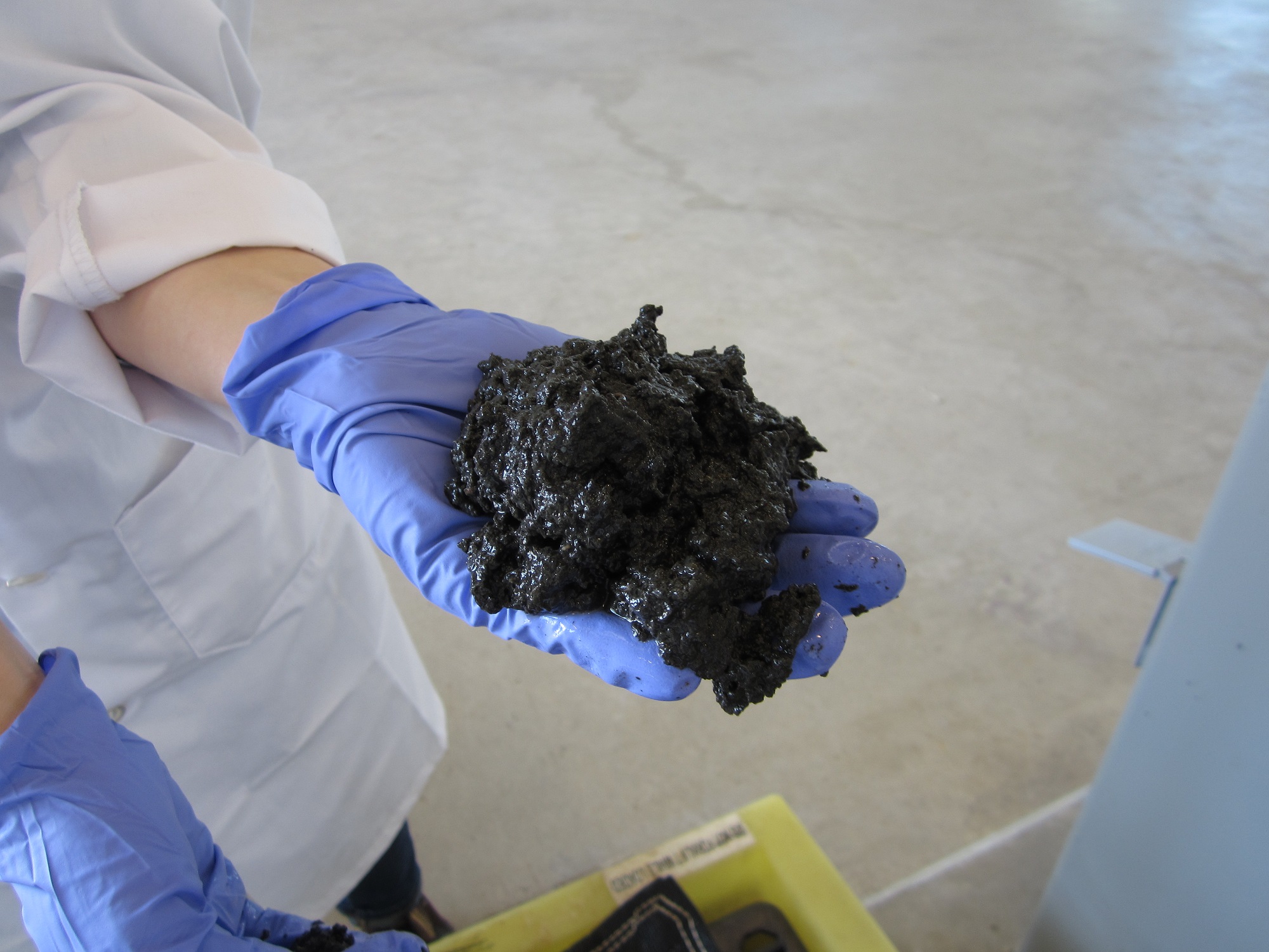 Sludge from Metro Vancouverâ€™s wastewater treatment plant has been dewatered prior to conversion to biocrude oil at Pacific Northwest National Laboratory. Courtesy of WE&RF