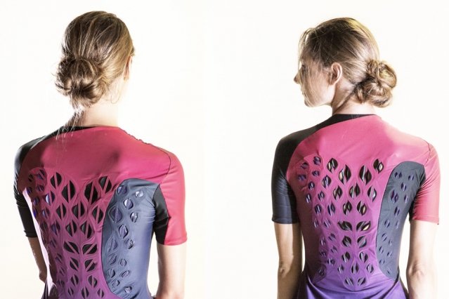 Credit:  The bioLogic shirt with flaps open, left, and closed. (Hannah Cohen/MIT)