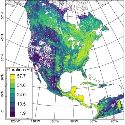 The map above shows where the 21 study species are found throughout the year. They spend more time on Central American wintering grounds (bright yellow) than on their northern breeding grounds (green to purple). Credit:Cornell University 