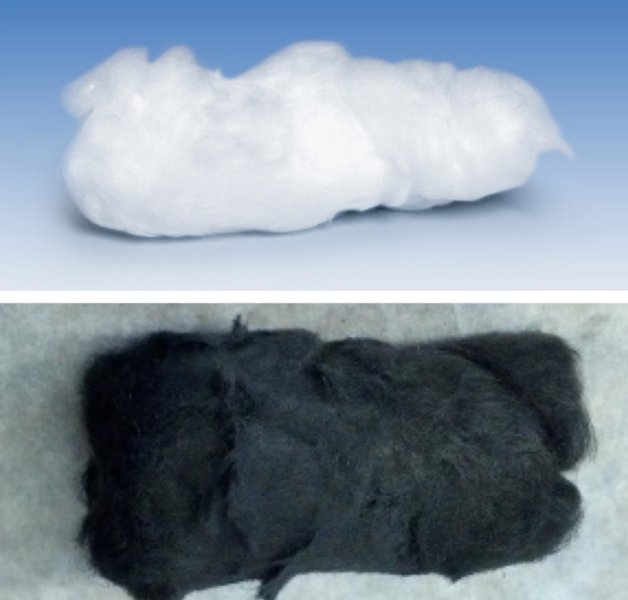 Plain quartz fiber, top, gains the ability to remove toxic metals from water when carbon nanotubes are added, bottom. Credit: Barron Research Group/Rice University