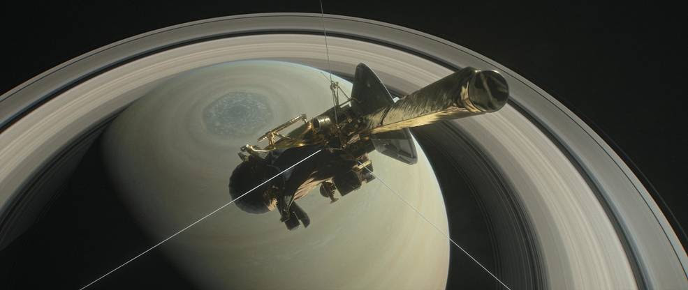 This illustration shows NASA's Cassini spacecraft heading for the gap between Saturn and its rings during one of 22 such dives of the mission's finale. Credits: NASA/JPL-Caltech