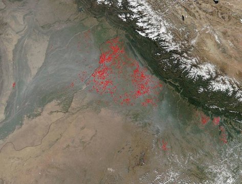 This image, captured by NOAA/NASA's Suomi NPP's Visible Infrared Imaging Radiometer Suite (VIIRS), shows agricultural fires in the northernmost section of the Punjab state of India in October 2017. Credit: NASA/ Jeff Schmaltz