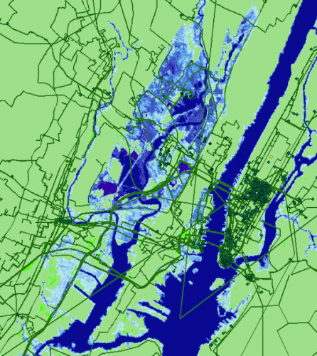 Seawater inundation projected for New York City by 2033 and its effect on internet infrastructure. Anything in the blue shaded areas is estimated to be underwater in 15 years. Credit: Paul Barford
