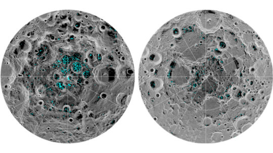 The image shows the distribution of surface ice at the Moon's south pole (left) and north pole (right), detected by NASA's Moon Mineralogy Mapper instrument.. Credit: NASA