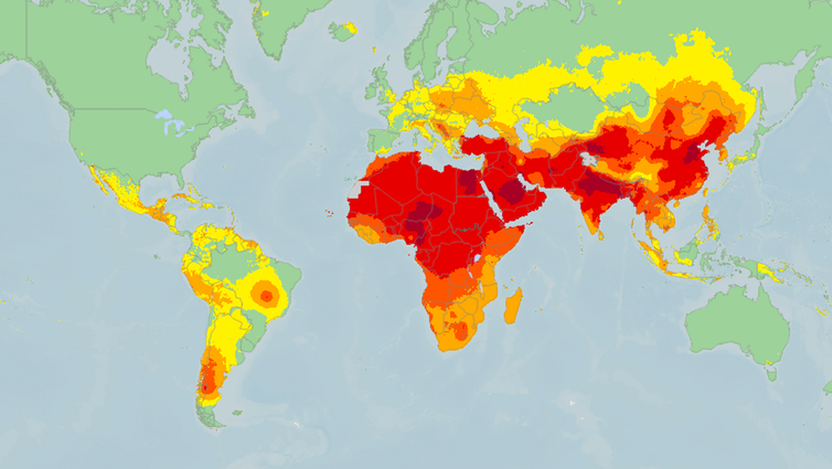 The map shows the level of air pollution across the world based on annual mean emissions of microscopic atmospheric particulate matter. Green signals low levels of pollution while dark red reflects very high levels. Credit: World Health Organization