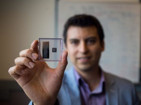 UBC researcher Carlos Gerardo shows new ultrasound transducer Credit: Clare Kiernan, University of British Columbia